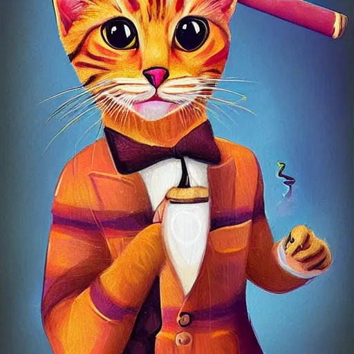 Image similar to a cute portrait of a flamboyant cat with a cigar in its mouth