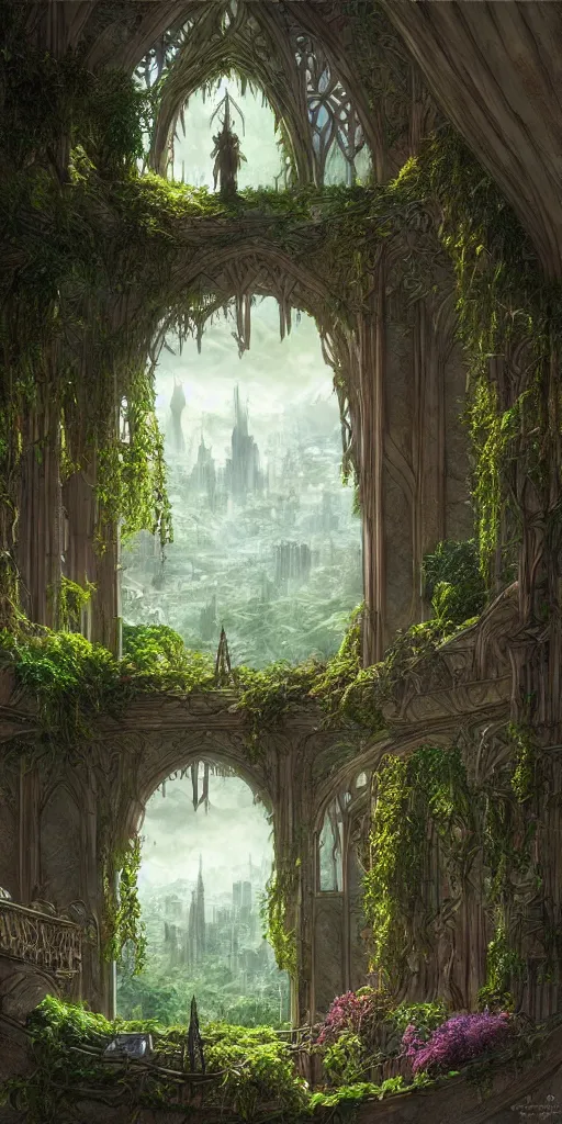 Prompt: fantasy Elvish windowsill with lush plants inside of it, interior of room, looking out toward an Elvish metropolitan cityscape, vignette of windowsill, Rivendell, detailed digital concept art by John Howe, trending on artstation