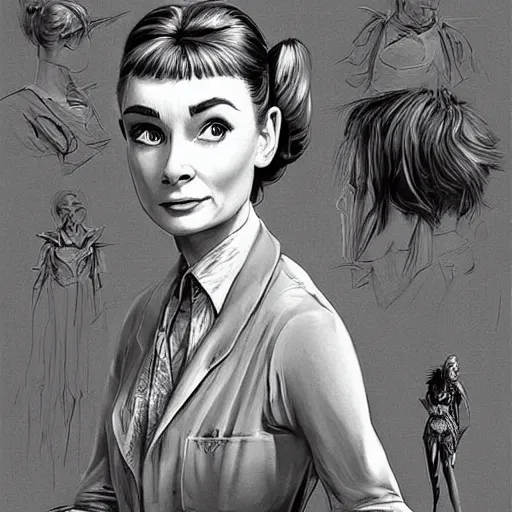 Image similar to a highly detailed epic cinematic concept art CG render digital painting artwork costume design: Audrey Hepburn as a 1950s crazy mad scientist lunatic in a lab coat, with wild unkempt hair. By Mandy Jurgens, Simon Cowell, Barret Frymire, Dan Volbert, David Villegas, Irina French, Heraldo Ortega, Rachel Walpole, Jeszika Le Vye, trending on ArtStation, excellent composition, cinematic atmosphere, dynamic dramatic cinematic lighting, aesthetic, very inspirational, arthouse