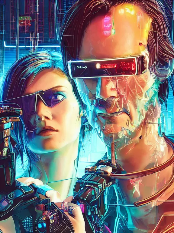 Prompt: a cyberpunk 2077 couple portrait of Keanu Reeves and A female android with VR glasses,complex mess of cables and wires behind them connected to giant computer,love story,film lighting,by laurie greasley,Greg Hildebrandt,Donato Giancola,William Morris,Dan Mumford,trending on atrstation,FAN ART,full of color,face enhance,highly detailed,8K, octane,golden ratio,cinematic lighting
