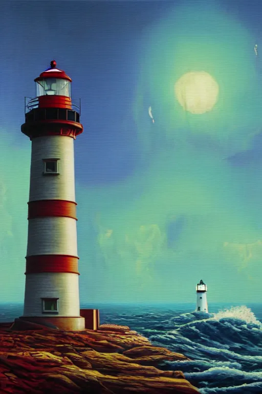 Image similar to a lighthouse in a redwood solar punk vision, overlooking an ocean, choppy waves, oil on canvas by klaus burgle, simon stalenhag, ultra - realistic 3 d depth shading