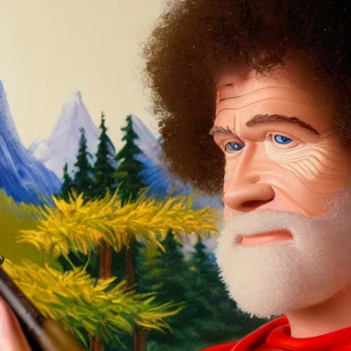 Image similar to a closeup photorealistic photograph of bob ross working on a canvas painting of wonder woman. film still. brightly lit scene. mountains and trees. this 4 k hd image is trending on artstation, featured on behance, well - rendered, extra crisp, features intricate detail, epic composition and the style of unreal engine.