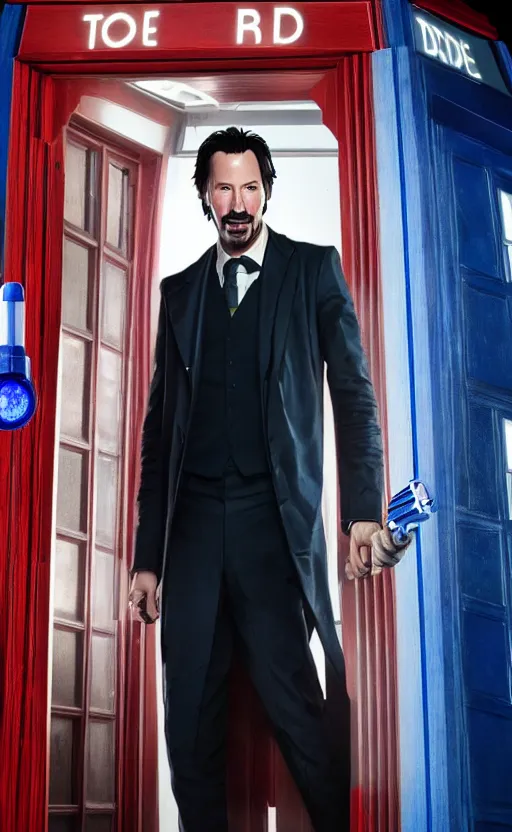 Image similar to portrait of Keanu reeves as 10th Doctor Who in the TARDIS with sonic screwdriver, Photo, High details, 8k, DSLR, long shot