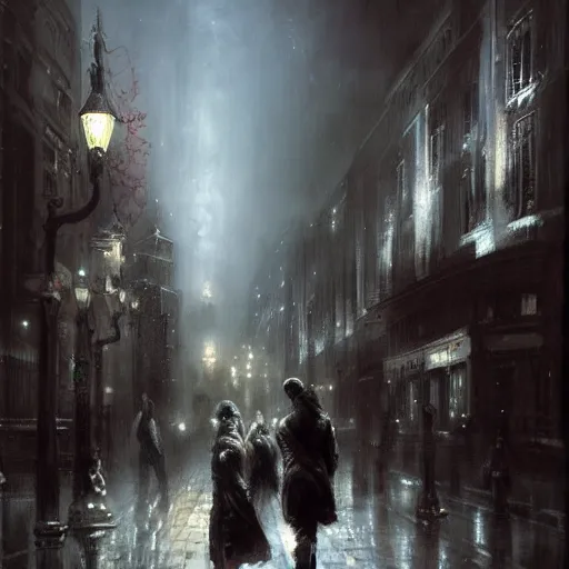 Image similar to walking the streets of london at night by raymond swanland, highly detailed, dark tones