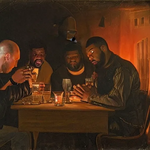 Image similar to 2 1 savage and 5 0 cent and drake huddled around a table with a lantern in a dark pub like in the denial of st. peter by gerard seghers