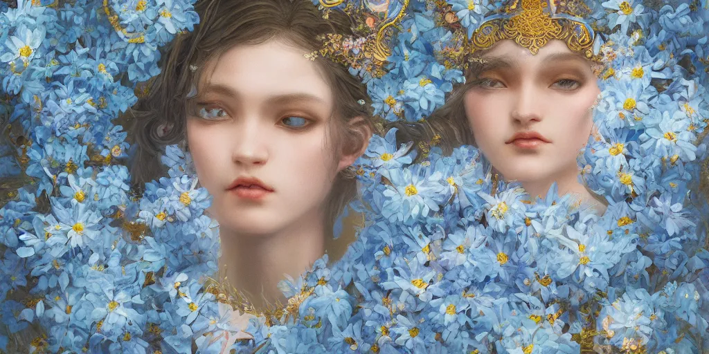 Prompt: breathtaking detailed concept art painting of the goddess of light blue flowers, orthodox saint, with anxious, piercing eyes, ornate background, amalgamation of leaves and flowers, by Hsiao-Ron Cheng, extremely moody lighting, 8K