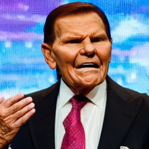 Prompt: kenneth copeland on his knees praying, surrounded by gold and money