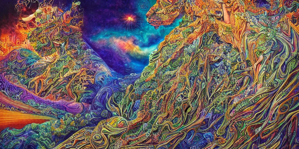 Image similar to 🌲🌌, acrylic on canvas, realism movement, breathtaking detailed, by android jones, alex grey, chris dyer, and aaron brooks, photorealistic