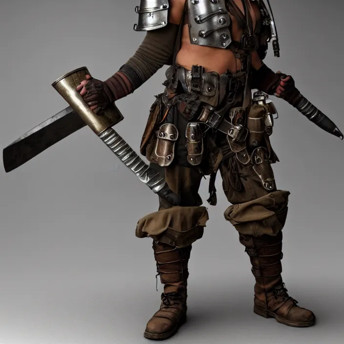 Prompt: professional full length photograph of a dieselpunk warrior. Extremely detailed. 8k