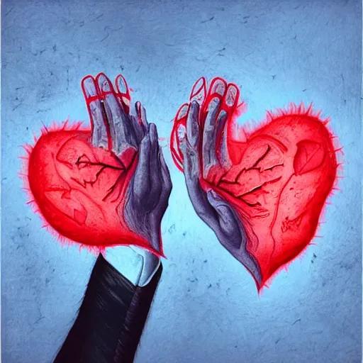 Image similar to hands ripping a heart in two broken pieces, sadness, dark ambiance, an album cover by Godfrey Blow, featured on deviantart, lyco art, artwork, photoillustration, poster art