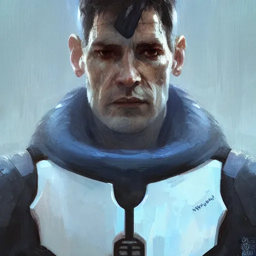 Image similar to portrait of a blue skin man by greg rutkowski, short black hair in military style, tall, star wars expanded, universe, he is about 5 0 years old, wearing white colored imperial admiral uniform, artstation hq