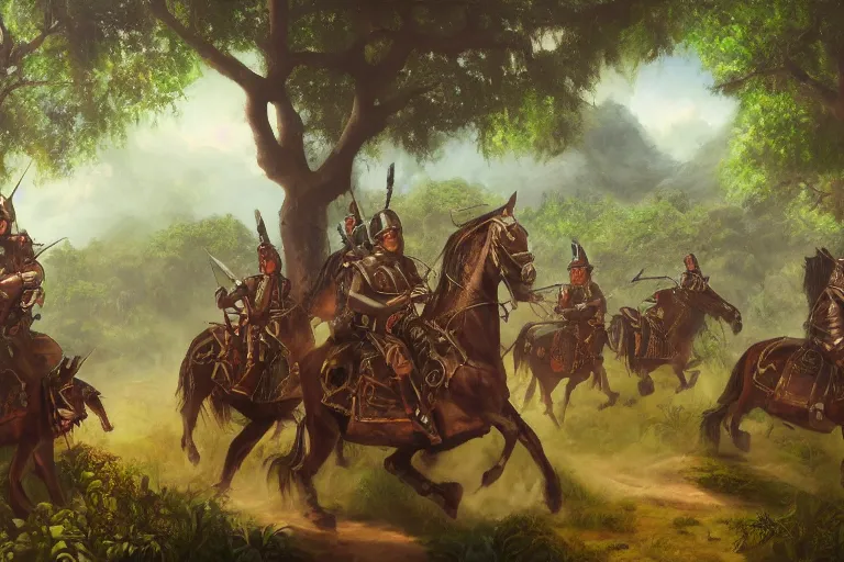 Image similar to oil painting of conquistadors marching through a magical jungle, dramatic shadowing, mysterious, adventurous, featured on artstation, highly detailed