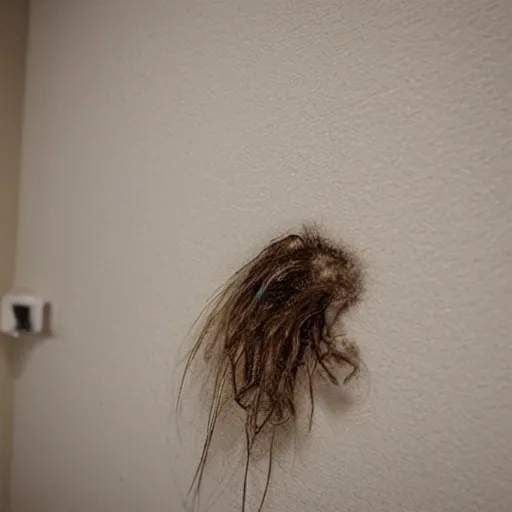 Image similar to mess of hair hairball on shower wall. tangled strands of hair. hair fell off a human and she stuck it to the wall.