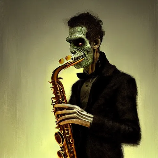 Prompt: UHD photorealistic Frankenstein playing saxophone, trending on artstation, in the style of tonalism by Greg Rutkowski