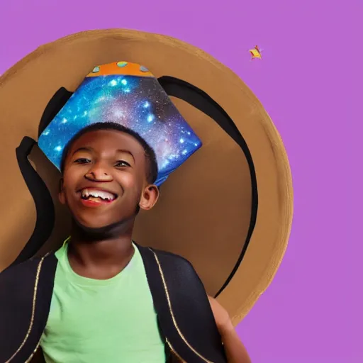 Image similar to A beautiful children's drawing of a young happy strikingly cute playful black boy that is an aspiring astronaut, he is also wearing a painted cardboard box on his head and wearing a cape on his back and playing with a toy shuttle in his playroom, symmetrical facial features, perfect facial proportions, galaxy color scheme, beautiful, 8k, HD, octane, unreal engine, volumetric lightning, upright,