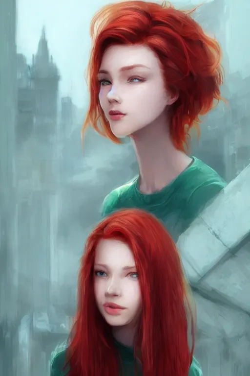 Prompt: beautiful cute red haired joyful and playful nineteen year old maiden standing up in casual green clothing, long hair, attractive face, modern city, comic book, rpg character, sci - fi, intricate, elegant, digital painting, artstation, concept art, smooth, 8 k frostbite 3 engine, ultra detailed, art by artgerm, greg rutkowski, magali villeneuve