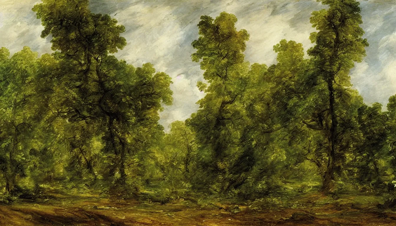 Prompt: a clearing in a forest painted by John Constable