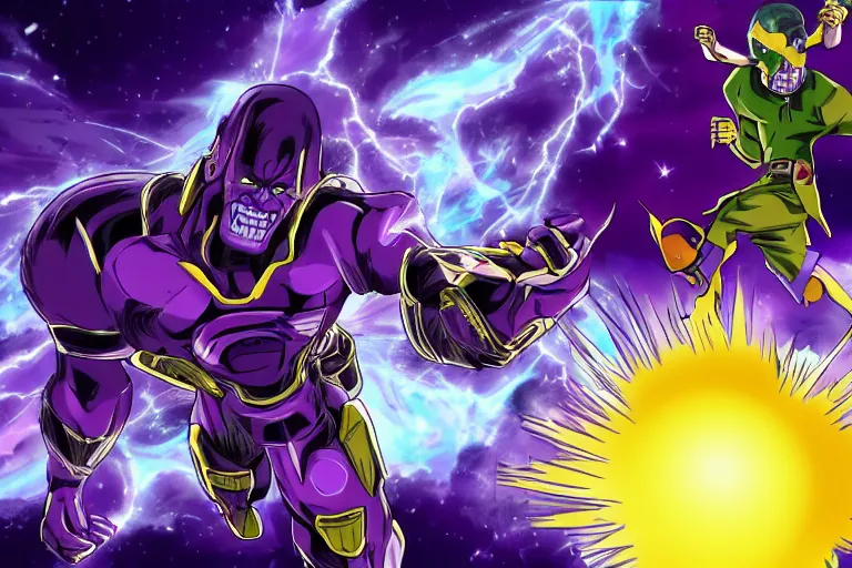 Prompt: Epic anime clash between Thanos and Shaggy, digital art, final confrontation, animated series, epic scene, zoom lines, 4k