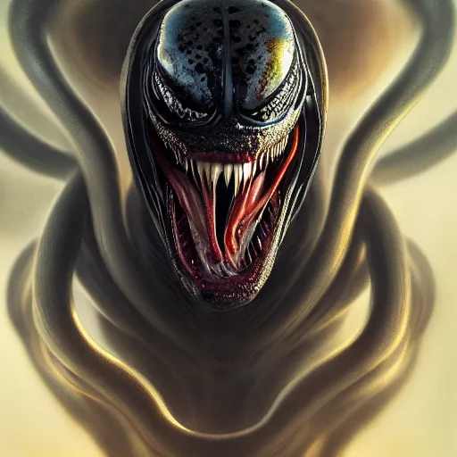 Image similar to portrait of venom, intricate artwork, concept art, octane render, deviantart, cinematic, key art, hyperrealism, iridescent accents, portrait photograph, nikon 3 5 mm, photograph by greg rutkowski