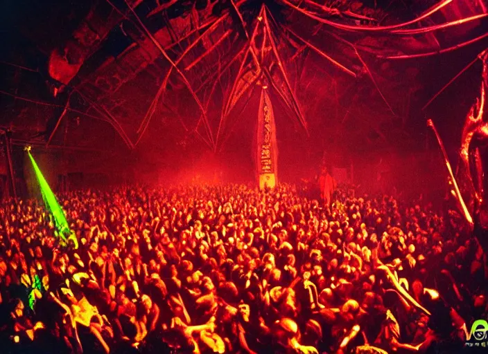 Prompt: satanic 90's underground warehouse rave, demons dancing, stage in view, laser light show, large crowd, detailed photograph