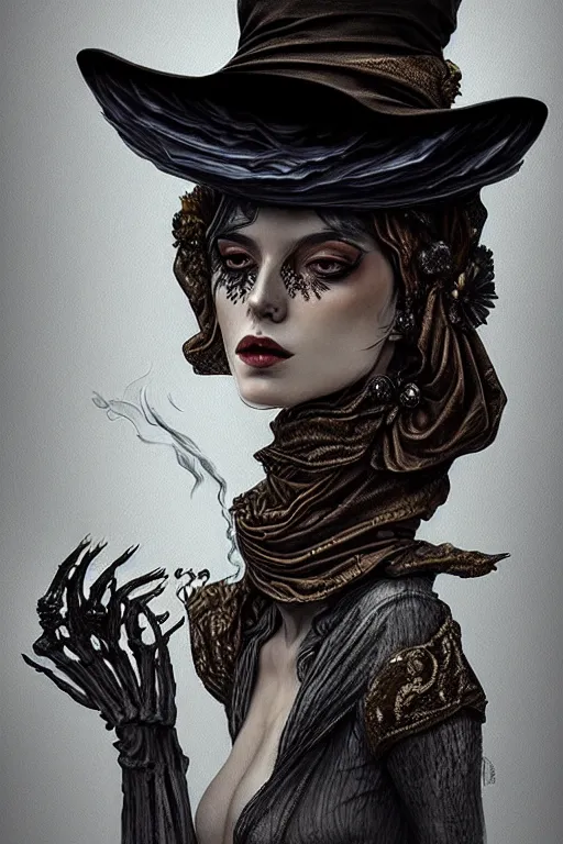Prompt: Sad woman smoking a gigarette, wearing hat made of smoke and ashes, woman is partly draped with bones,fantasy, intricate, elegant, highly detailed, digital painting, artstation, concept art, smooth, sharp focus, illustration, art by Ilja Repin