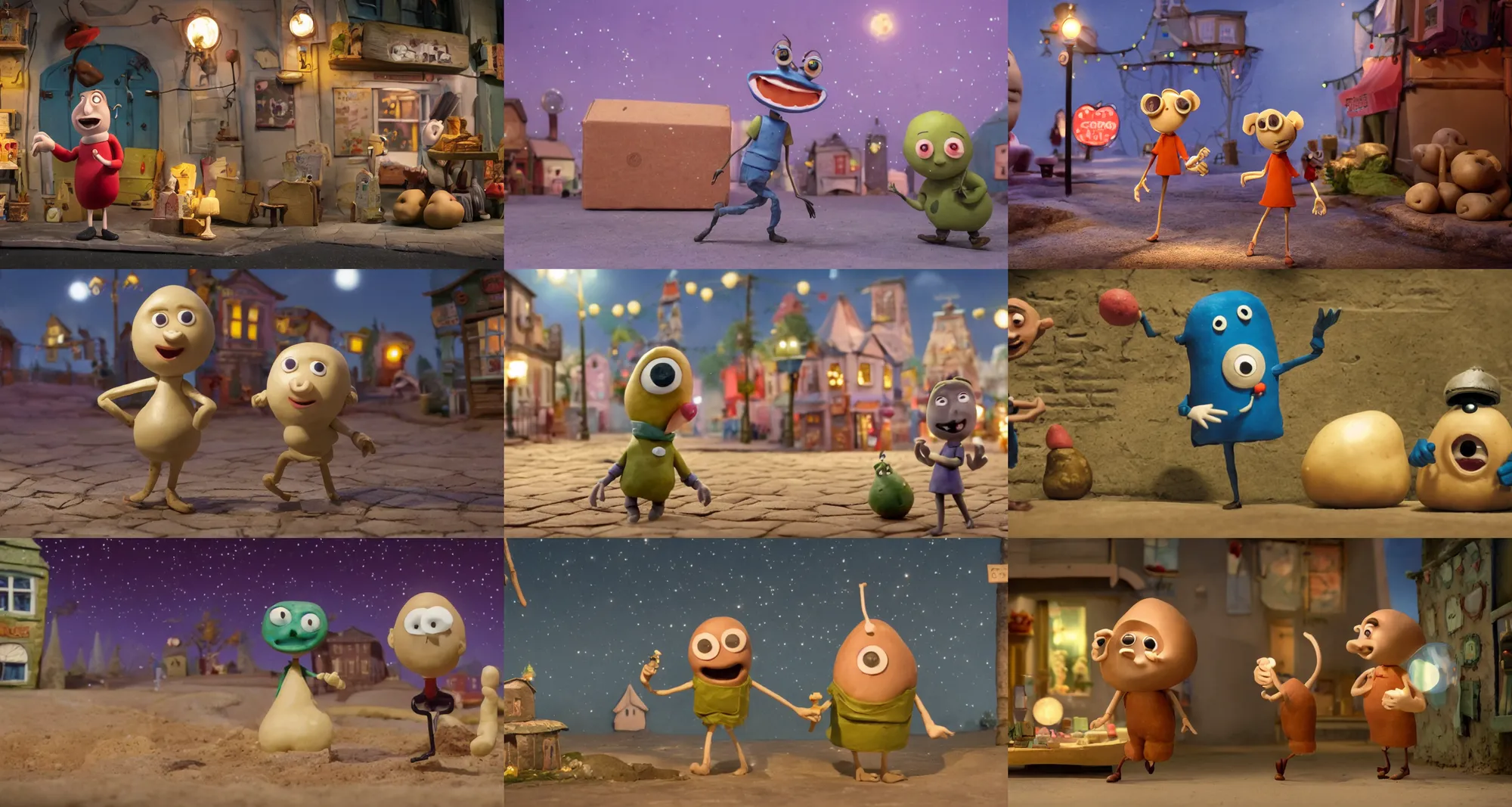Prompt: a laika studios animated claymation film still of a happy charming googly eyed potato walking around a cardboard diorama town chatting. sparkly night. full round potato body. noodle legs and arms. gloved hands. casual pose. depth - of - field. rule - of - thirds. laika animated claymation.