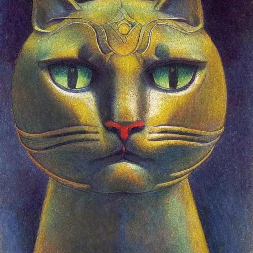 Image similar to cloisonne cat head sculpture, by annie swynnerton and diego rivera and nicholas roerich and jean delville, symbolist, dramatic lighting, god rays, art brut, rich colors, smooth, sharp focus, extremely detailed, adolf wolfli and ( donato giancola )