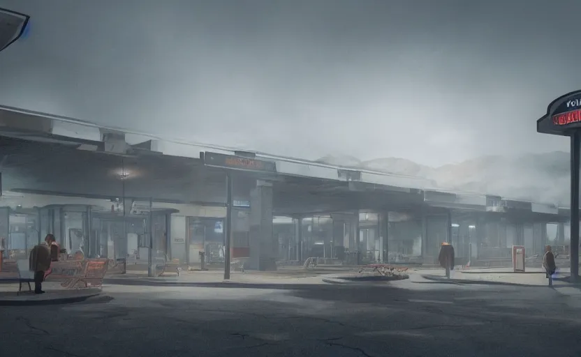 Image similar to a strange exterior of the port byron travel plaza in upstate new york, moody scene directed by charlie kaufman ( 2 0 0 1 ) anamorphic lenses, foggy volumetric light morning, cinematic trending on artstation in the style of greg rutkowski