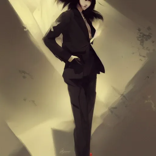 Image similar to portrait of a beautiful korean girl wearing a men's tuxedo, with bangs, very long hair and bangs, angular features, angry expression, dramatic lighting, illustration by Greg rutkowski, yoji shinkawa, 4k, digital art, concept art, trending on artstation