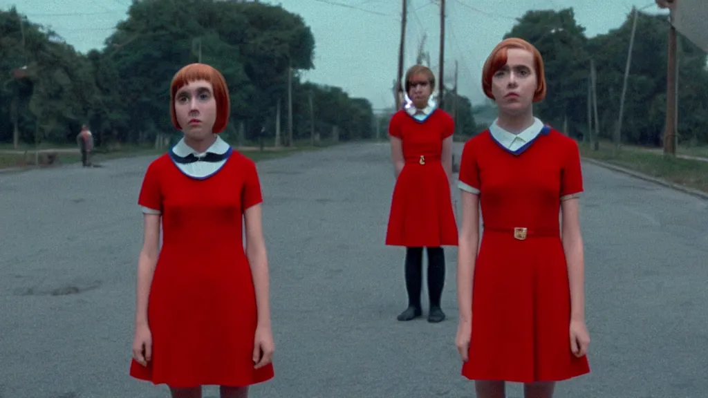 Prompt: A girl in a mod dress confronts the void, Film still from Wes Anderson, wide lens