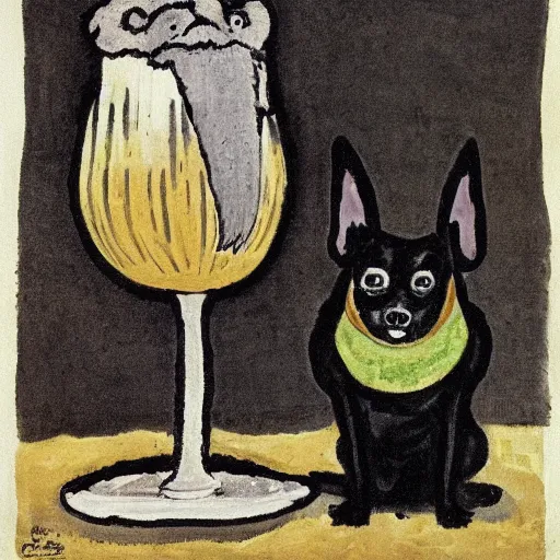 Prompt: a small black dog with big ears drinking beer by charles e. burchfield