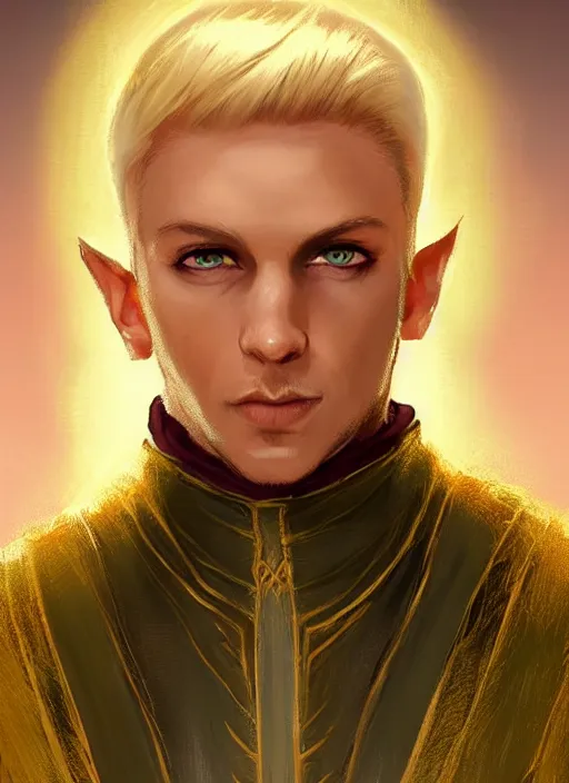 Image similar to male priest blonde parted hair healer, dndbeyond, bright, colourful, realistic, dnd character portrait, full body, pathfinder, pinterest, art by ralph horsley, dnd, rpg, lotr game design fanart by concept art, behance hd, artstation, deviantart, global illumination radiating a glowing aura global illumination ray tracing hdr render in unreal engine 5