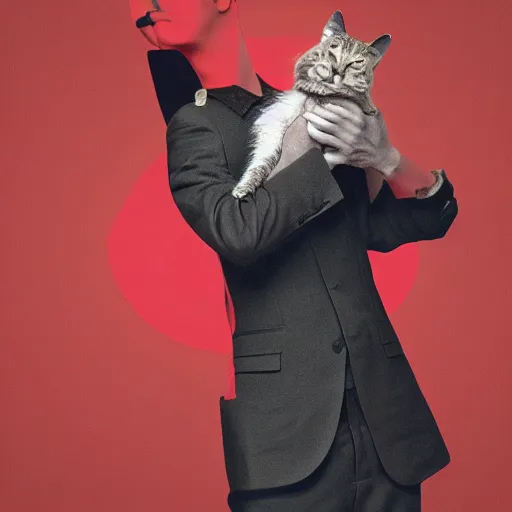 Image similar to an album of neil cicierega holding a cat, in a red color style, in a railroad background