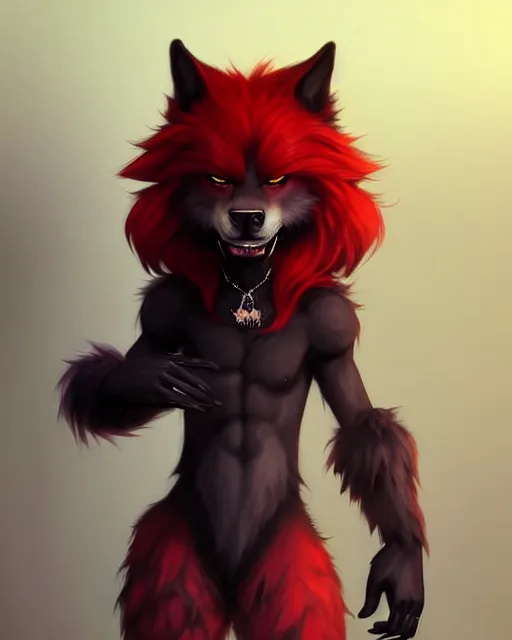 Image similar to character concept art of a black anthropomorphic male furry wolf long red hair | | cute - fine - face, pretty face, key visual, realistic shaded perfect face, fine details by stanley artgerm lau, wlop, rossdraws, james jean, andrei riabovitchev, marc simonetti, and sakimichan, trending on artstation