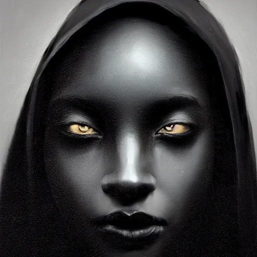 Image similar to a portrait of a young black woman wearing a long dark cloak, hood and shadows covering face, anatomically correct, beautiful perfect face, enigmatic, oil painting, matte painting, black background, Volumetric dynamic lighting, Highly Detailed, Cinematic Lighting, Unreal Engine, 8k, HD, by Beksinski