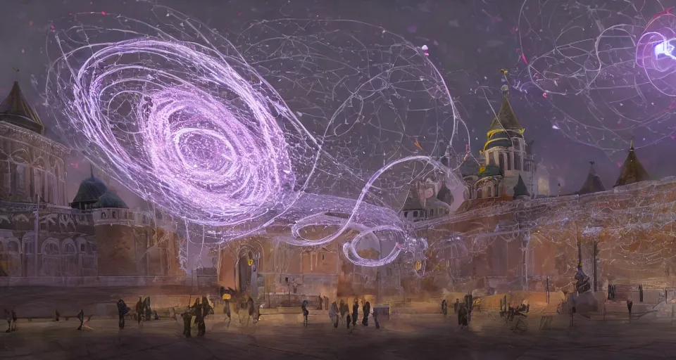 Image similar to pepople and a spiral - shaped white luminous attractor is floating near kremlin, concept art, art for the game, professional lighting, art