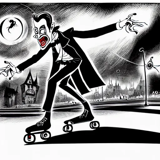 Prompt: black and white trippy comic art depiction of dracula the vampire wearing a suit and roller skating on prominently featured roller skates, zooming down the street with action lines flying past him, drawn by martin rowson, tim burton, alex pardee, nekro petros afshar, cgsociety, awesome, cool, detailed, 4 k