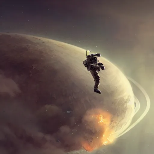 Image similar to astronaut falling through the clouds in jupiter, by cedric peyravernay, highly detailed, excellent composition, cinematic concept art, dramatic lighting, trending on artstation