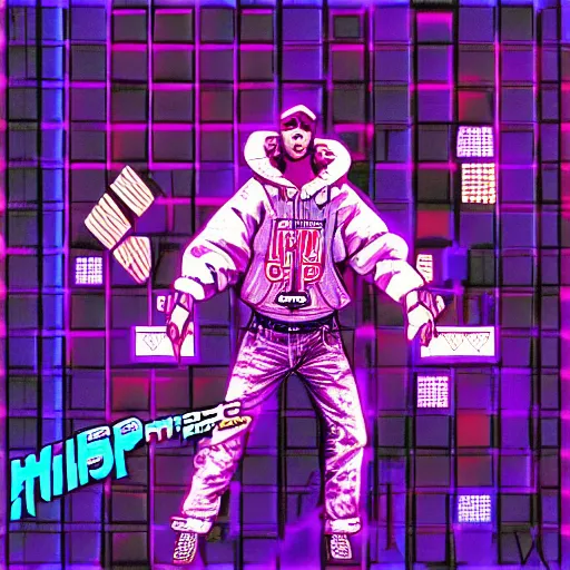 Prompt: cover art for freestyle rapping rhythm game, hip hop, vaporwave, detailed, 4k