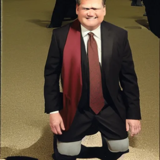 Image similar to Andy Richter wearing a brown suit and necktie kneeling on the ground on both knees with a pleading look on his face.