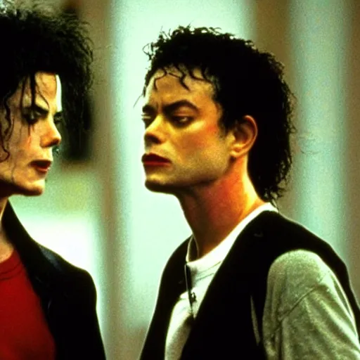 Image similar to michael jackson as tylor durden and tom hanks as narrator in the movie fight club, photo, still frame, cinematic.