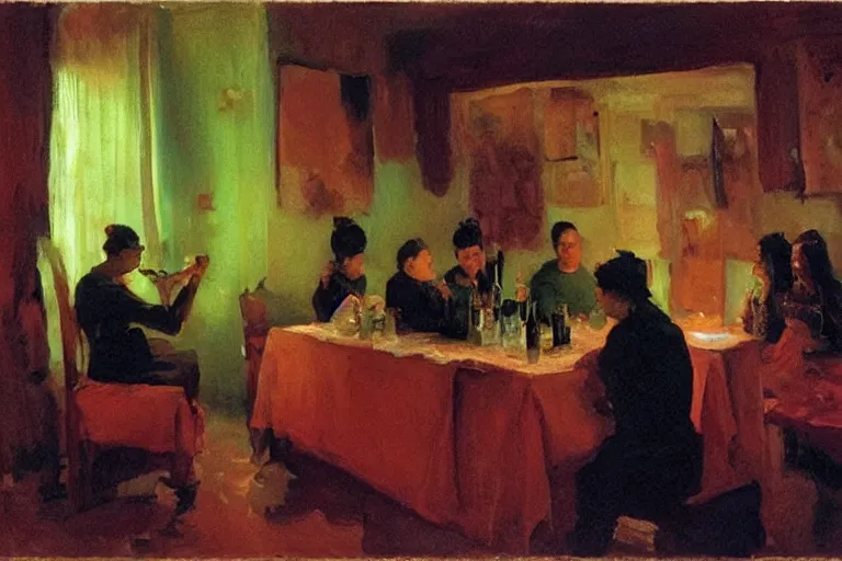 Image similar to cholas drinking brutal and raw wine, inside a tiny green room with red lights by joaquin sorolla, greg rutkowski, bill sienckiwicz, extremely detailed