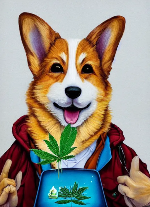 Prompt: beautiful portrait painting of corgi getting high on cannabis, by Afarin Sajedi, Alessandro Barbucci, Alex Gross, Shin Jeongho, Shohei Otomo. trending on Artstation, 8k, masterpiece, face enhance, graffiti paint, fine detail, full of color, intricate detail, golden ratio illustration