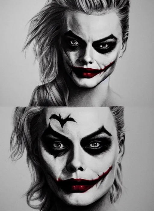Prompt: pencil drawing of margot robbie with joker makeup, ace card, realistic face, black and white, hyper realistic, highly detailed