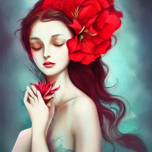 Prompt: a woman holding a red flower by anna dittmann