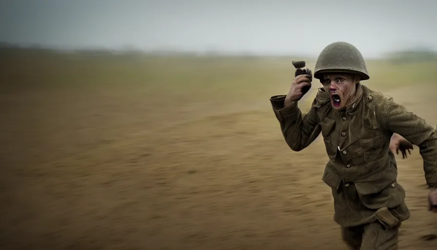 Image similar to screaming World War 1 soldier running away, wartorn landscape, lots of mud puddles and craters, bullets whizzing past camera, dirty lens, cinematic lighting, IMAX close-up of face, cinematography, 35mm