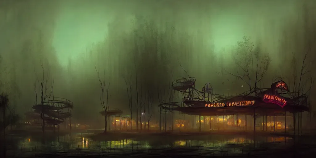 Image similar to concept art of an abandoned amusement park with broken attractions in a swamp at night, grimy, gritty, trending on artstation, award winning painting, cgi, art by ivan aivazovsky and john howe and filip hodas and zhang kechun