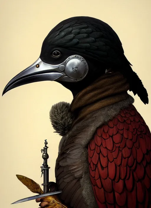 Prompt: rpg! profile! portrait of humanoid bird on white background, beak, feathers, plague doctor, beautiful clothes, intricate, highly detailed, digital painting, artstation, concept art, smooth, sharp focus, illustration, art by norman rockwell emiliano ponzi andrey remnev yoann lossel aaron jasinski, 8 k
