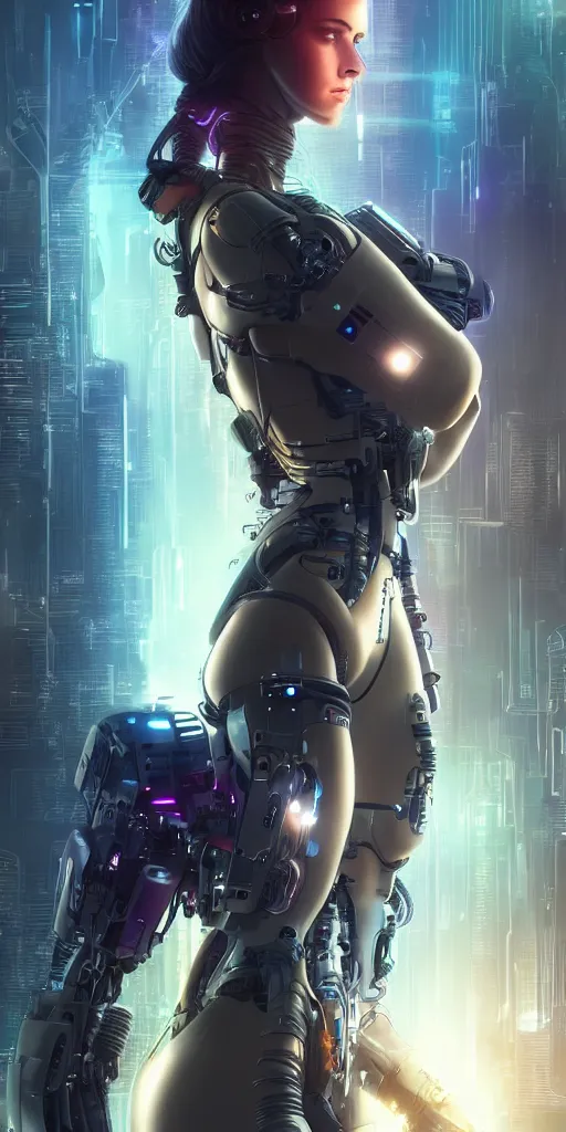 Image similar to beautiful, young woman, cybernetic, cyberpunk, wires, cables, halo, glow, bladerunner city in the background, detailed gorgeous face, flowing hair, vaporwave aesthetic, synthwave , digital painting, artstation, concept art, smooth, sharp focus, illustration, art by artgerm and greg rutkowski and alphonse mucha
