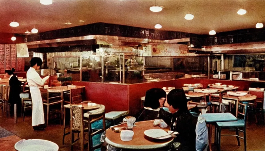 Image similar to 70s movie still of north korean restaurant, eastmancolor, heavy grain, high quality, higly detailed, liminal space